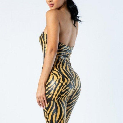 Zebra Print Tube Romper With Front O Ring Zipper Detail