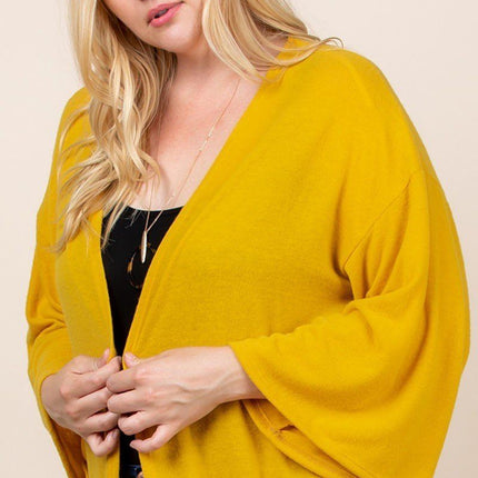 Plus Size Solid Hacci Brush Open Front Long Cardigan With Bell Sleeves