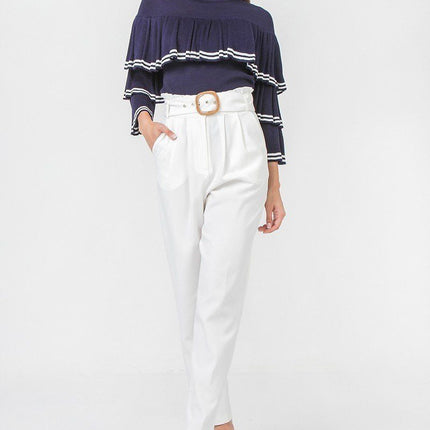 A Solid Pant Featuring Paperbag Waist With Rattan Buckle Belt