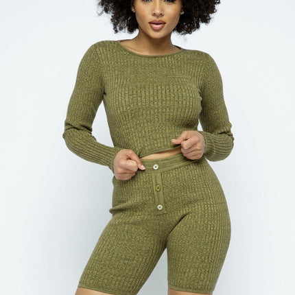 Knit Long Sleeve Cropped Top Knit High-waist Biker Shorts Set