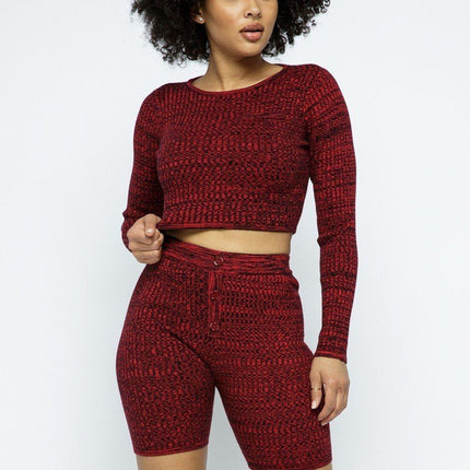 Knit Long Sleeve Cropped Top Knit High-waist Biker Shorts Set