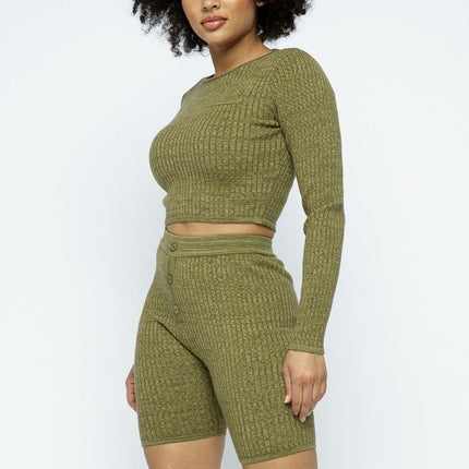 Knit Long Sleeve Cropped Top Knit High-waist Biker Shorts Set