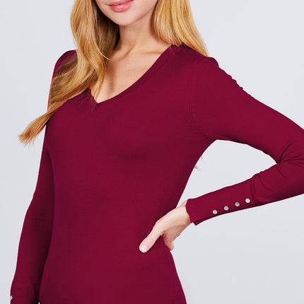 V-neck Sweater W/rivet Button