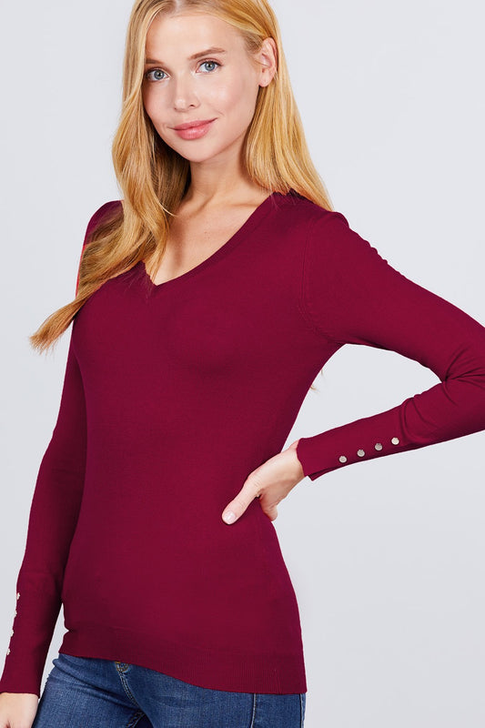 V-neck Sweater W/rivet Button