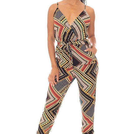 Boarder Print Wrap Drawstring Waist Jumpsuit