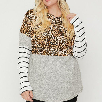 Plus Size Color Block Hoodie Featuring A Cheetah Print