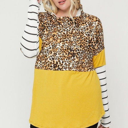 Plus Size Color Block Hoodie Featuring A Cheetah Print