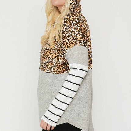 Plus Size Color Block Hoodie Featuring A Cheetah Print