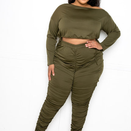 Off Shoulder Cropped Top And Ruched Leggings Sets