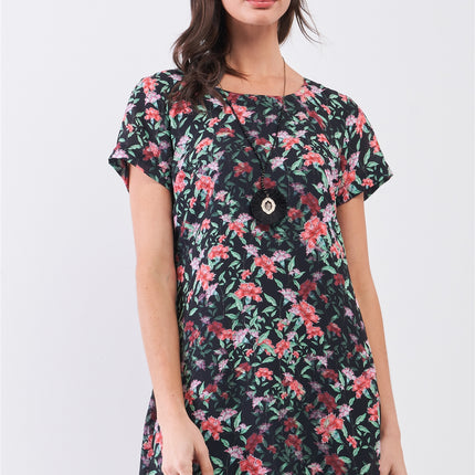 Black Multicolor Floral Print Pleated Back Detail Relaxed Mini Dress