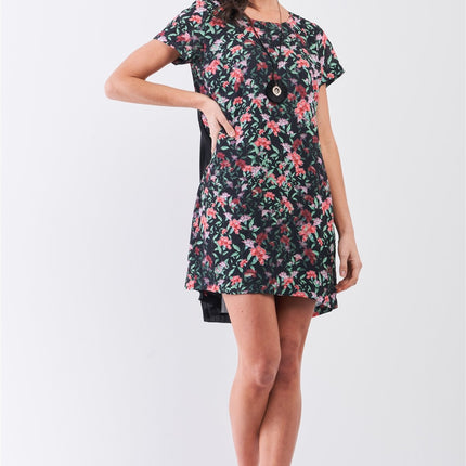 Black Multicolor Floral Print Pleated Back Detail Relaxed Mini Dress