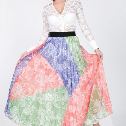 Color Block Pleated Maxi Skirt