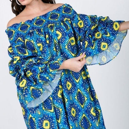 Puffy Ruffle Sleeve Smocking Off Shoulder Print Midi Dress