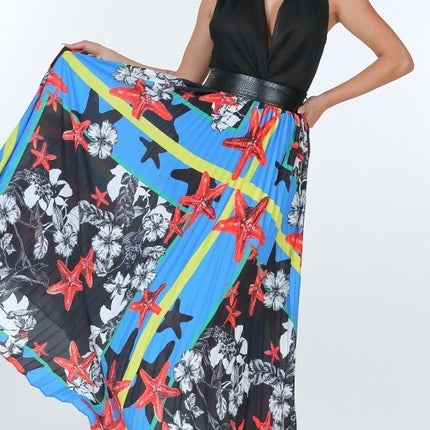 Pleated Print Maxi Skirt With Leather Waist Band