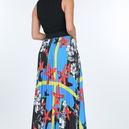 Pleated Print Maxi Skirt With Leather Waist Band