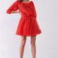 Flame Red Boat Neck Ruffle Collar Midi Sleeve Self-tie Waist Front Button Down Mini Dress