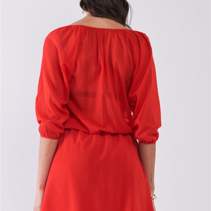 Flame Red Boat Neck Ruffle Collar Midi Sleeve Self-tie Waist Front Button Down Mini Dress