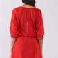 Flame Red Boat Neck Ruffle Collar Midi Sleeve Self-tie Waist Front Button Down Mini Dress