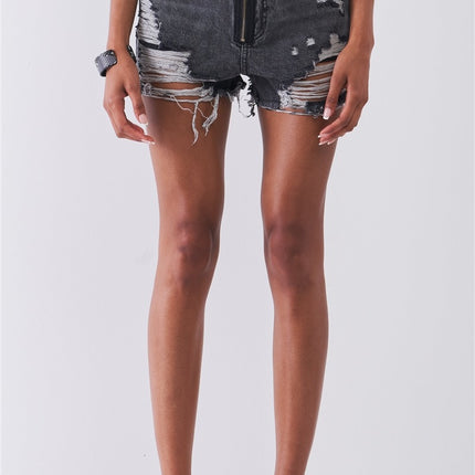 Ripped High-waist Front Zip-up Raw Hem Detail Distressed Mini Shorts