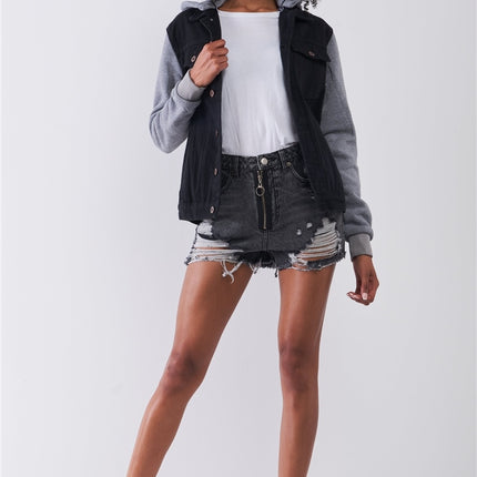 Ripped High-waist Front Zip-up Raw Hem Detail Distressed Mini Shorts