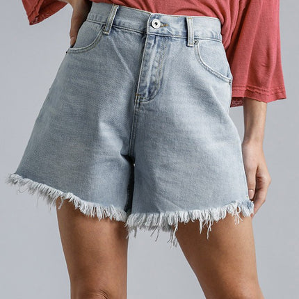 High Rise Denim Shorts With Raw Hem