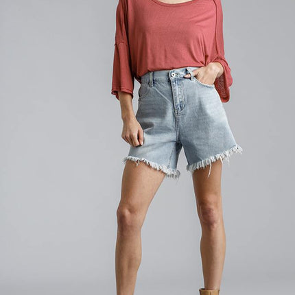 High Rise Denim Shorts With Raw Hem