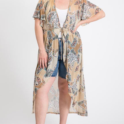 Short Sleeves Long-line Printed Mesh Open Cardigan