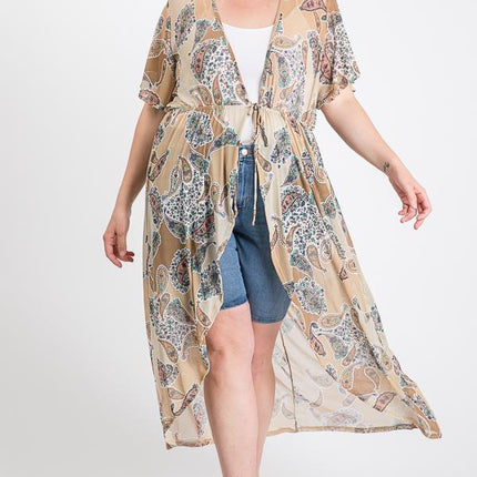 Short Sleeves Long-line Printed Mesh Open Cardigan