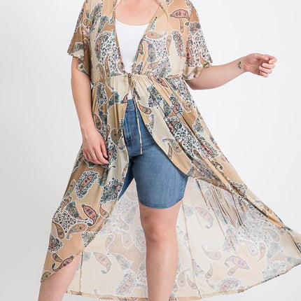 Short Sleeves Long-line Printed Mesh Open Cardigan