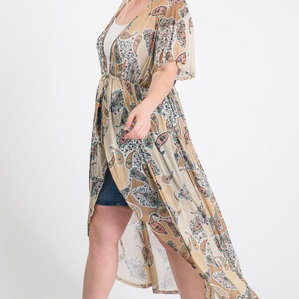 Short Sleeves Long-line Printed Mesh Open Cardigan