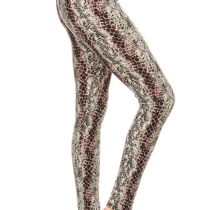 Yoga Style Banded Lined Snakeskin Printed Knit Legging With High Waist.