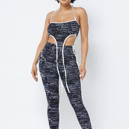 Mesh Print Crop Top With Plastic Chain Halter Neck With Matching Leggings