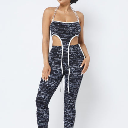 Mesh Print Crop Top With Plastic Chain Halter Neck With Matching Leggings