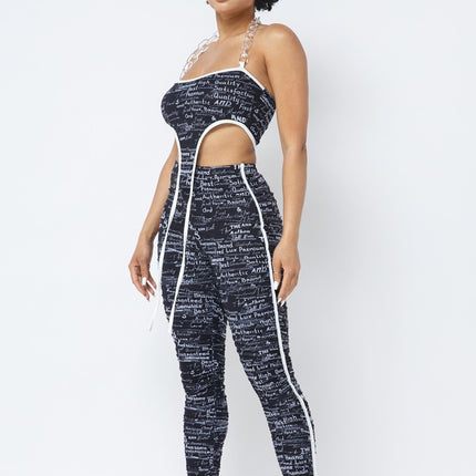 Mesh Print Crop Top With Plastic Chain Halter Neck With Matching Leggings