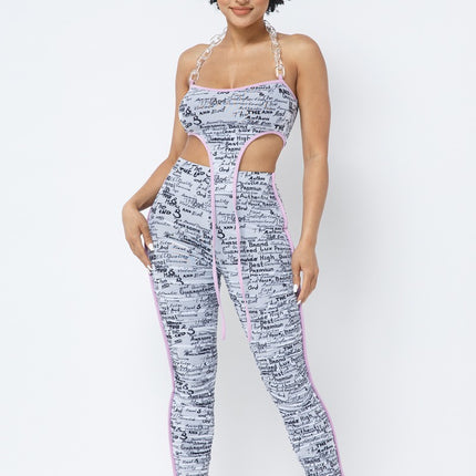 Mesh Print Crop Top With Plastic Chain Halter Neck With Matching Leggings