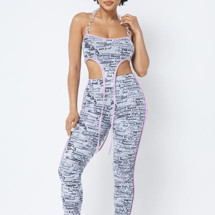 Mesh Print Crop Top With Plastic Chain Halter Neck With Matching Leggings