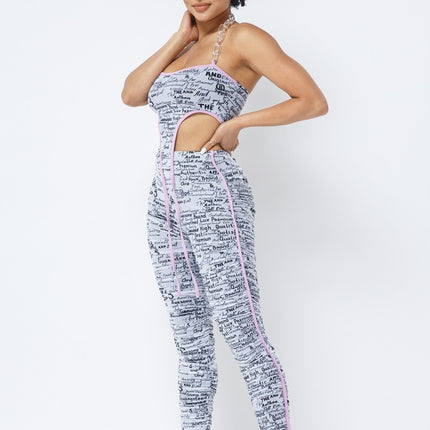 Mesh Print Crop Top With Plastic Chain Halter Neck With Matching Leggings