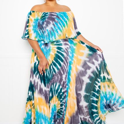 Tie Dye Off Shoulder Pleated Maxi Dress