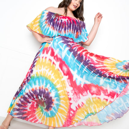 Tie Dye Off Shoulder Pleated Maxi Dress