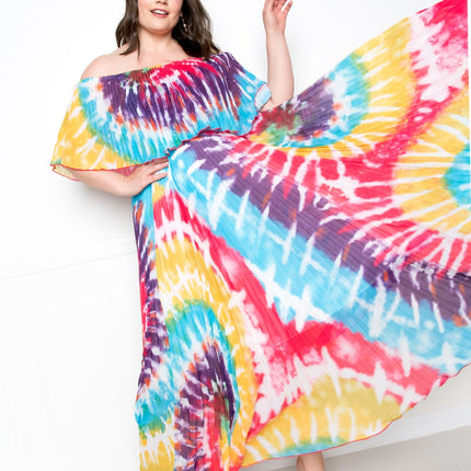 Tie Dye Off Shoulder Pleated Maxi Dress