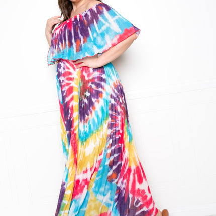 Tie Dye Off Shoulder Pleated Maxi Dress