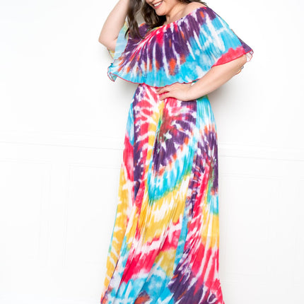 Tie Dye Off Shoulder Pleated Maxi Dress