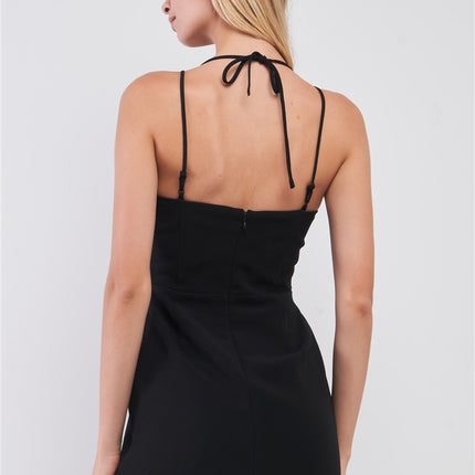 Black Slim Fit Sleeveless V-neck Front Corset Inspired Tie-up Detail Cocktail Mini Dress