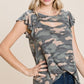 Army Camo Printed Cut Out Neckline Short Flutter Sleeves Casual Basic Top