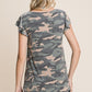 Army Camo Printed Cut Out Neckline Short Flutter Sleeves Casual Basic Top