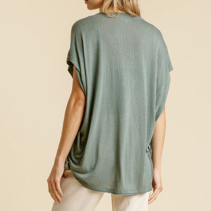 Short Sheer Dolman Sleeve Scoop Neck Top With Side Slit