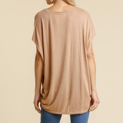 Short Sheer Dolman Sleeve Scoop Neck Top With Side Slit