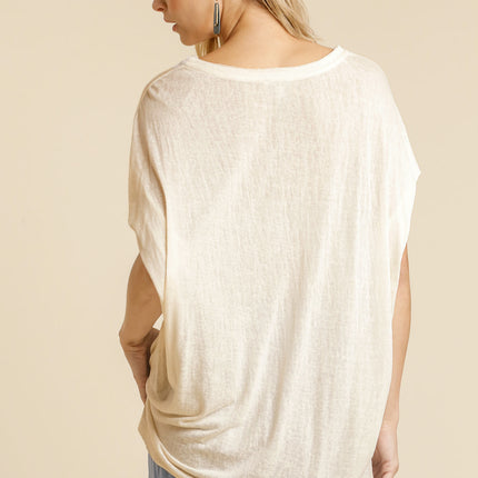 Short Sheer Dolman Sleeve Scoop Neck Top With Side Slit