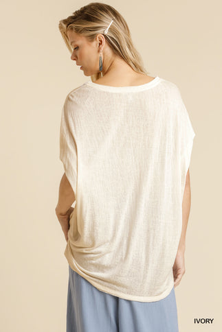 Short Sheer Dolman Sleeve Scoop Neck Top With Side Slit