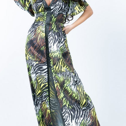 Deep V Neck Slit Zebra Print Long Dress